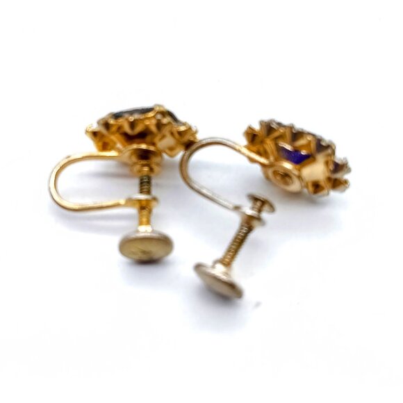 Vintage Guilloche Enamel Vargas Earrings, Gold Tone Screw Back with Pastel Flora - Picture 6 of 7